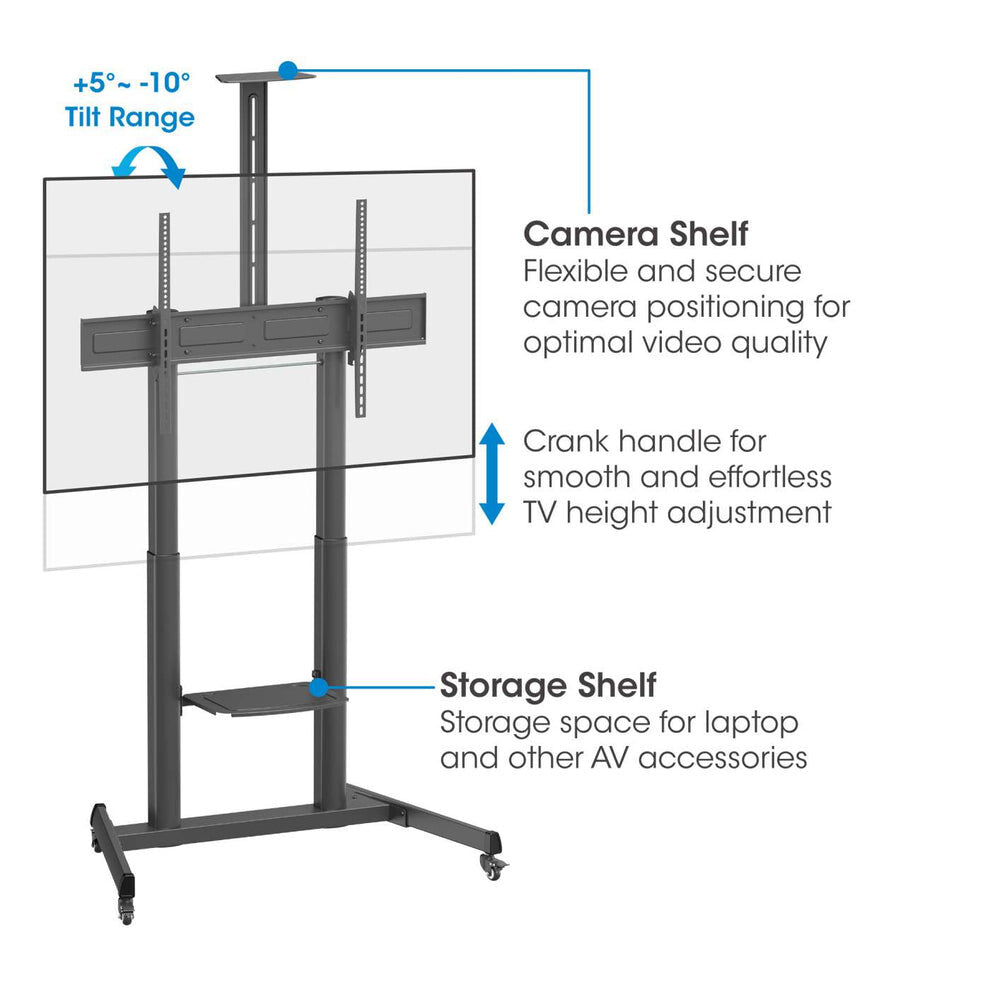 Manhattan Trolley Mount Stand for TV & Monitors (crank handle height adjust), For screens: 37" to 120",VESA compatability:all between 200x200 to 1000x600mm -check the dimensions of the four mounting holes on back of screen to ensure it fits,Max 120kg,1180