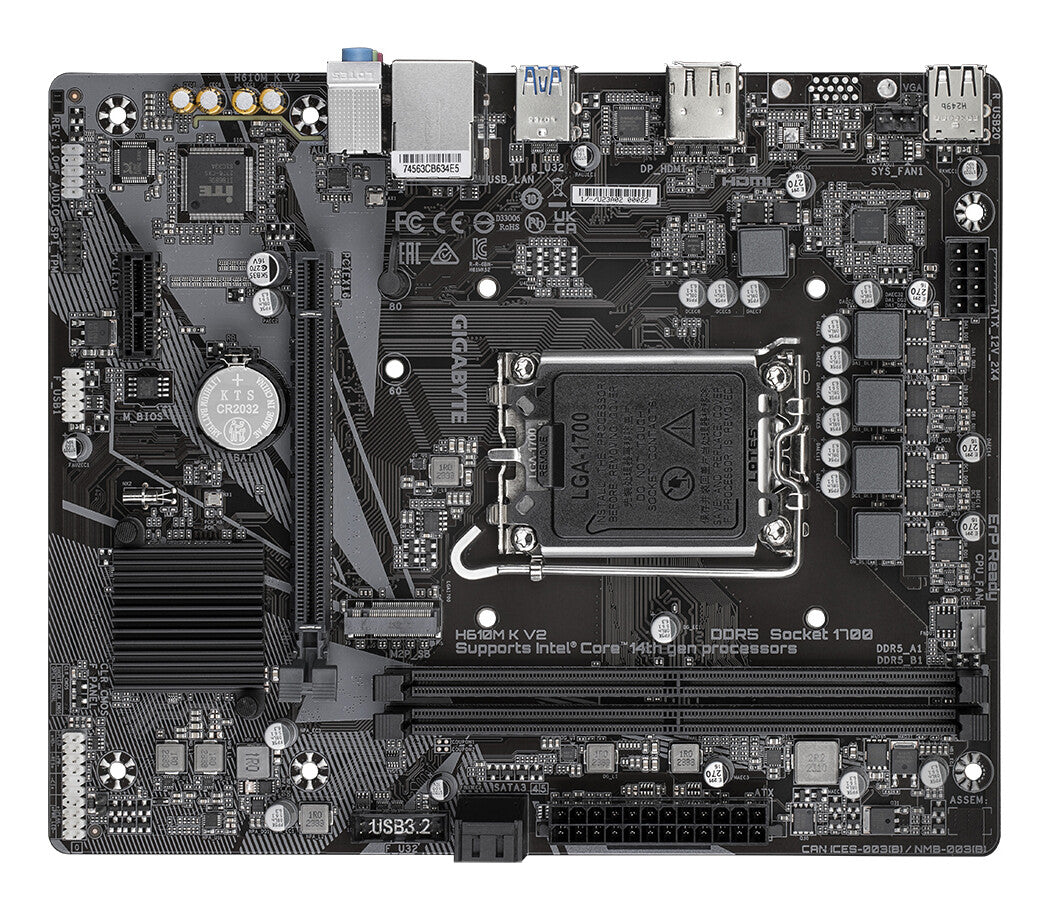 GIGABYTE H610M K V2 Motherboard - Intel Core 14th CPUs, up to 5600MHz DDR5, 1xPCIe 3.0 M.2, 1GbE LAN, USB 3.2 Gen 1