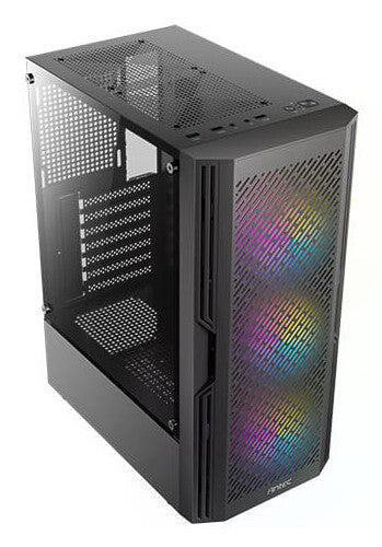 Caja ANTEC AX20, negra, torre media, 1 USB 3.0 / 2 USB 2.0, panel de ventana lateral de vidrio templado, barra inclinada y diseño de malla para flujo de aire masivo, 3 ventiladores LED RGB incluidos, ATX, Micro ATX, Mini-ITX