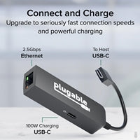 Plugable USBC-E2500PD USB-C to 2.5GbE Gigabit Ethernet Adapter with USB-C PD Charging