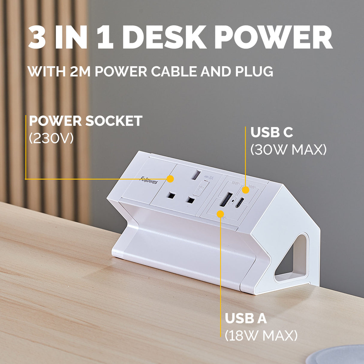 Fellowes Power Desk Socket with 1 Power Socket 1 USB-A & USB-C Ports White