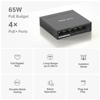 Mercusys (MS105GP) Switch de bureau Gigabit à 5 ports avec PoE+ à 4 ports, boîtier en acier
