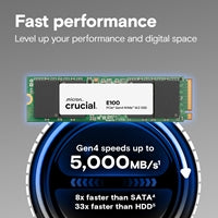 Crucial  (CT1000E100SSD8) E100 1TB PCIe Gen4 NVMe M.2 SSD, Sequential Write 4,500 MB/s, Sequential Read 5,000 MB/s