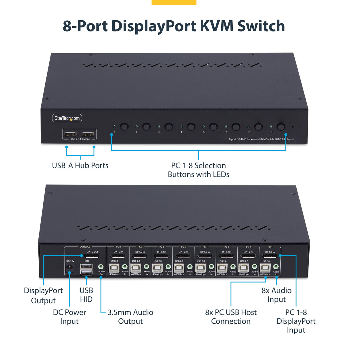 StarTech.com 8-Port DisplayPort KVM Switch with 1U Rack Mount Kit, 4K 60Hz DP 1.2, Push-Button & Hotkey Switching, 4-Port USB Hub, OS Independent, TAA Compliant