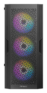 Caja ANTEC AX20, negra, torre media, 1 USB 3.0 / 2 USB 2.0, panel de ventana lateral de vidrio templado, barra inclinada y diseño de malla para flujo de aire masivo, 3 ventiladores LED RGB incluidos, ATX, Micro ATX, Mini-ITX