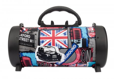 Manhattan London Bluetooth Speaker, Decent Sound Output (3W), 3 hour Playback time, FM Radio, Range 10m, microSD card reader (32GB), Aux 3.5mm connector, USB-A charging cable included, 1200mAH battery, Bluetooth v5, Three Years Warranty