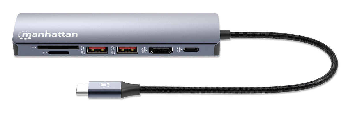 Manhattan USB-C Dock/Hub with Card Reader, Ports (x5): Ethernet, HDMI, USB-A (x2) and USB-C, With Power Delivery (100W) to USB-C Port (Note additional USB-C wall charger and USB-C cable needed), USB 3.2 Gen 1, All Ports can be used at the same time, Unive