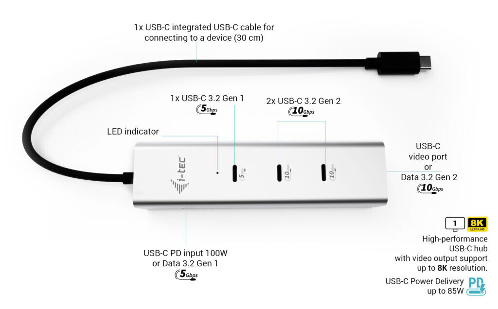 i-tec Metal USB-C Charging HUB 5port with USB-C video 8K + Power Delivery 85W