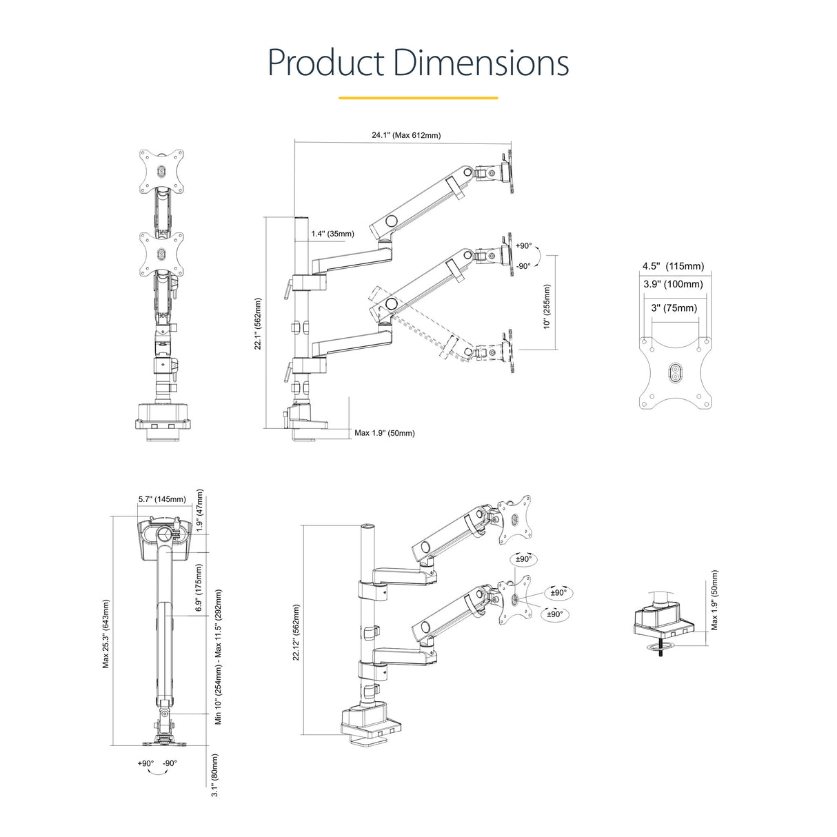 StarTech.com Desk Mount Dual Monitor Arm, Full Motion Monitor Mount for 2x VESA Displays up to 32" (17.6lb/8kg), Height Adjustable, Clamp/Grommet Mount, Mechanical Spring