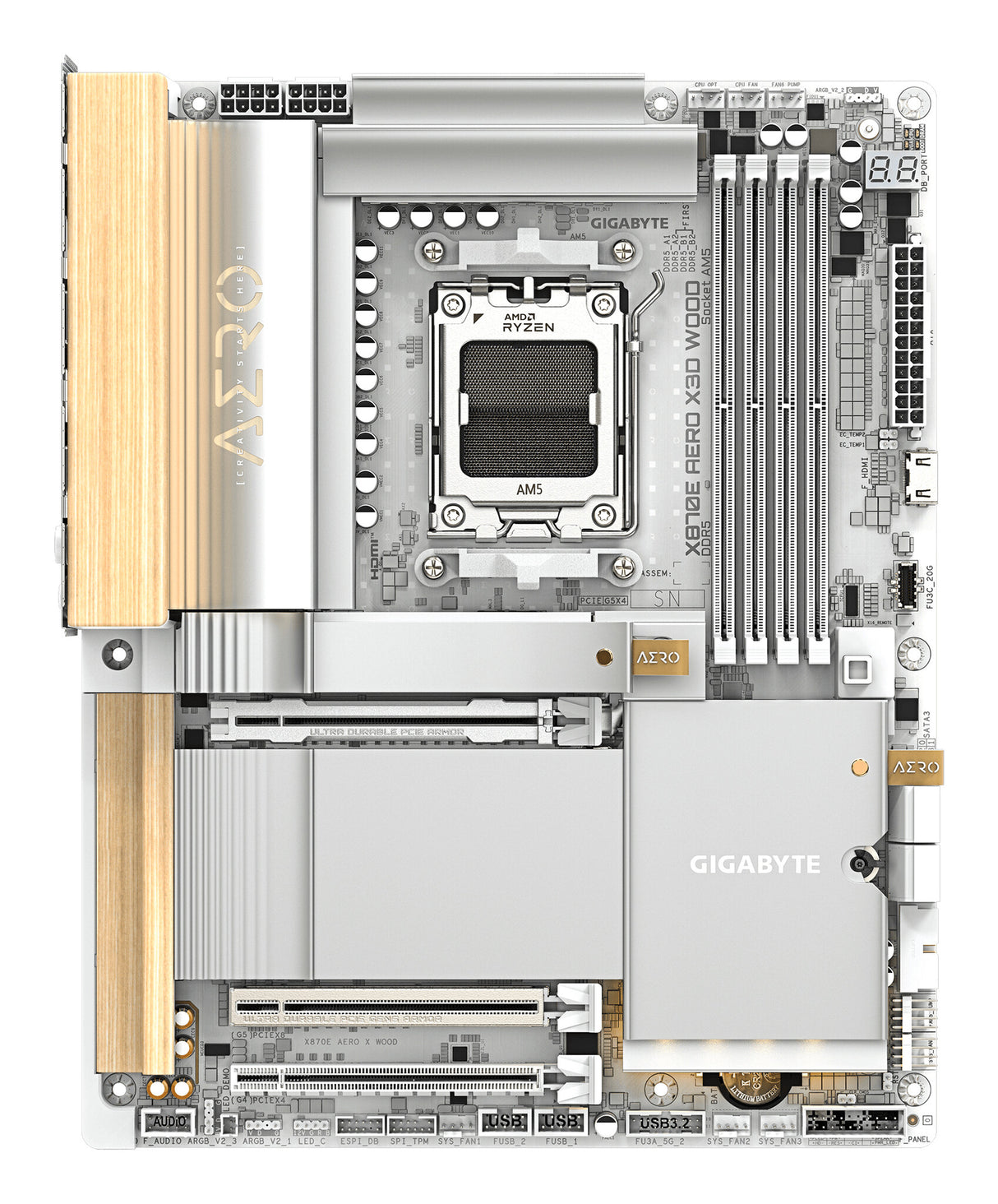 GIGABYTE X870E AERO X3D WOOD Motherboard - Supports AMD Ryzen 9000 CPUs, 16+2+2 Phases Digital VRM, up to 9000Hz DDR5 (OC), 2xPCIe 5.0 + 2xPCIe 4.0, Wi-Fi 7, 5GbE LAN, USB 4