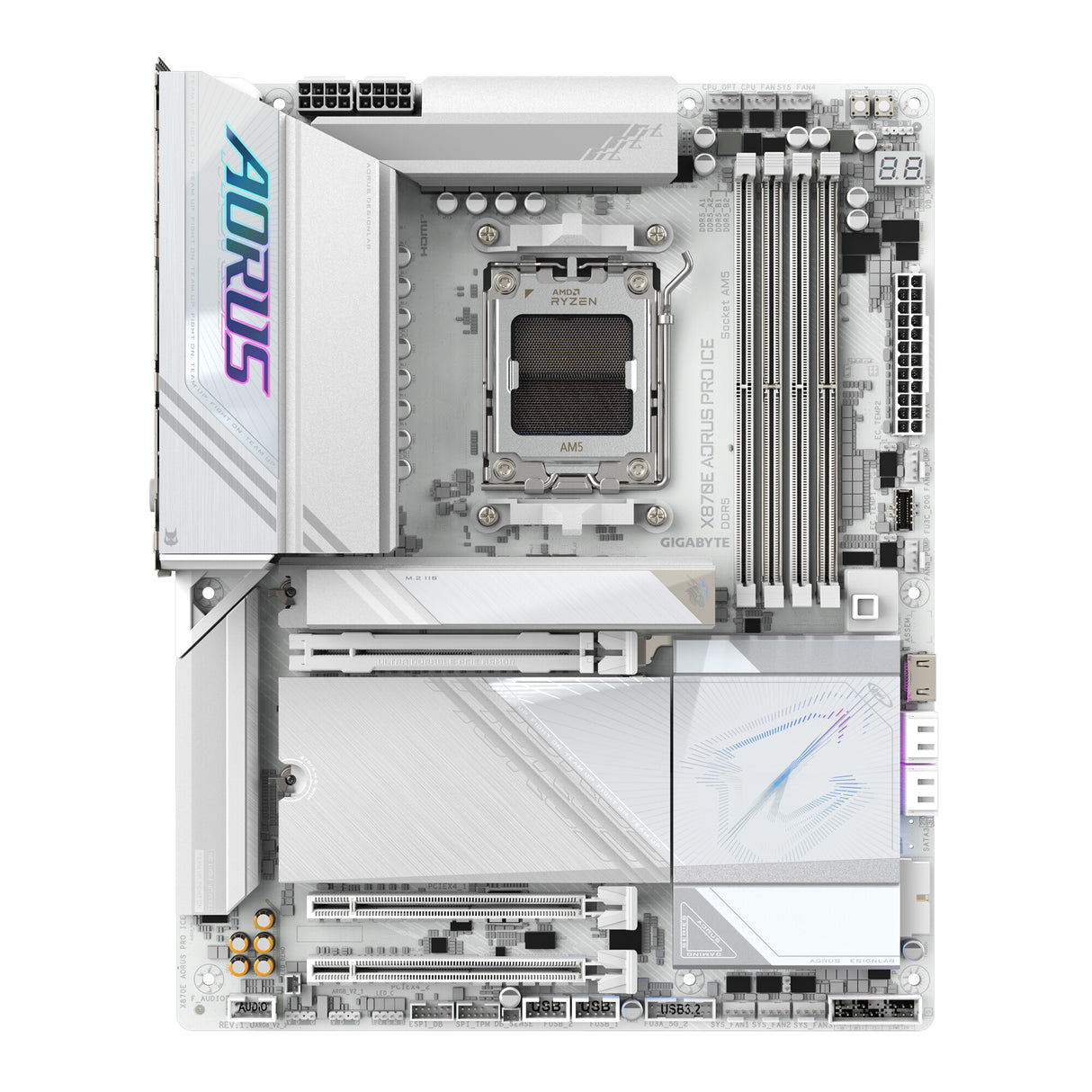 GIGABYTE X870E AORUS PRO ICE Motherboard - Supports AMD Ryzen 9000 CPUs, 16+2+2 Phases Digital VRM, up to 8000MHz DDR5 (OC), 3xPCIe 5.0 + 1xPCIe 4.0, Wi-Fi 7, 2.5GbE LAN, USB 4