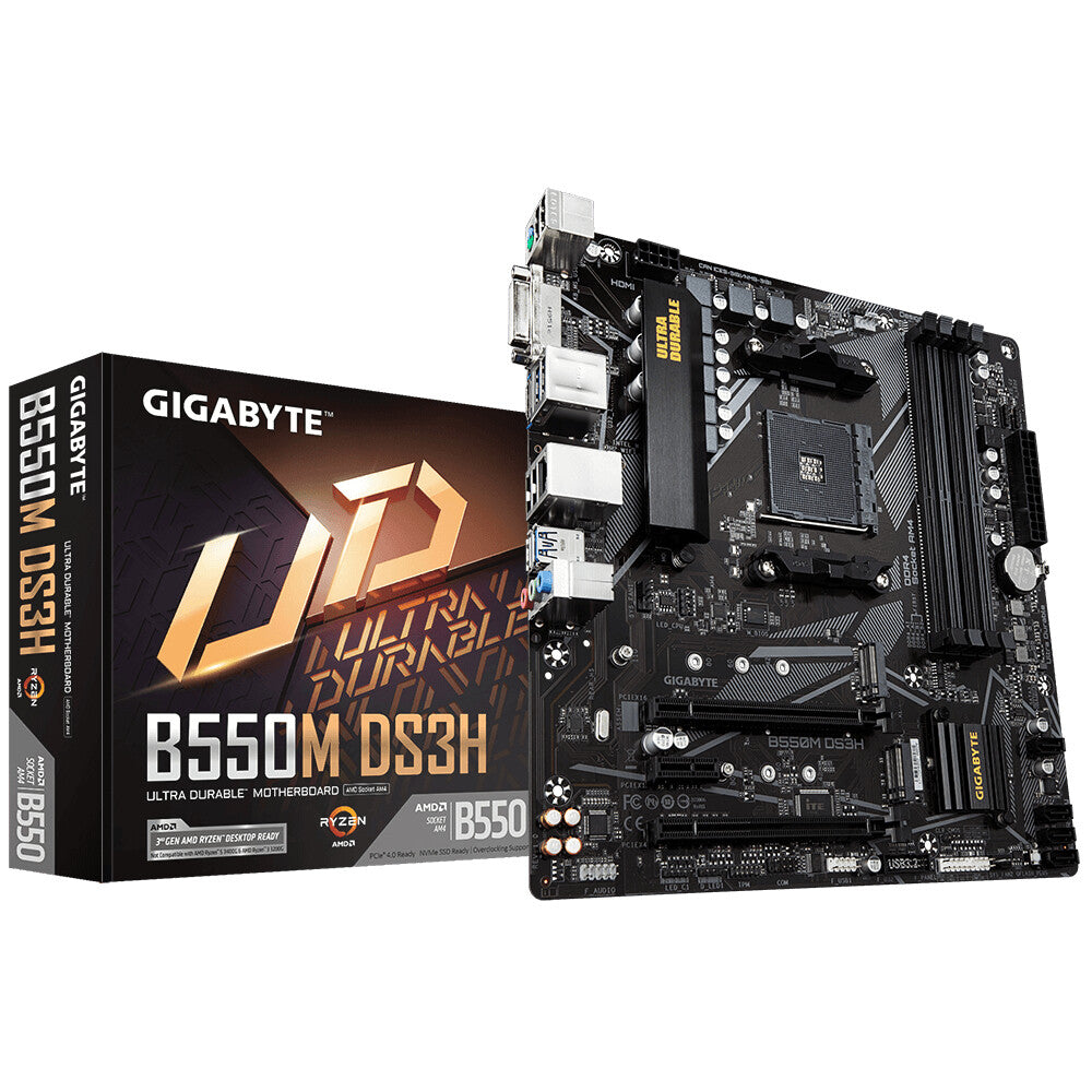 GIGABYTE B550M DS3H Motherboard - AMD Ryzen 5000 CPUs, 5+3 Phases VRM, up to 4733MHz DDR4, 1xPCIe 4.0 + 1xPCIe 3.0 M.2, 1GbE LAN, USB 3.2 Gen 1