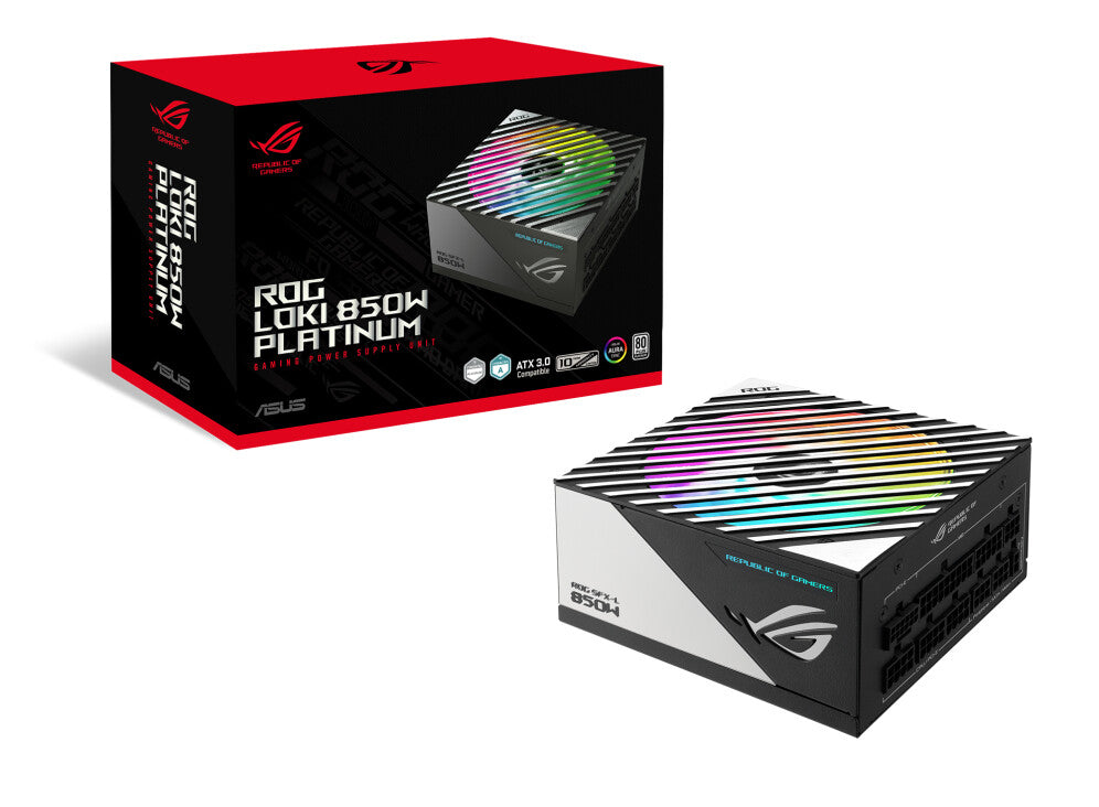 Fuente de alimentación Asus ROG LOKI SFX-L Platinum de 850 W, factor de forma pequeño, totalmente modular, 80+ Platinum, PCIe 5.0, botón de ventilador de 0 dB, RGB, soporte ATX a SFX