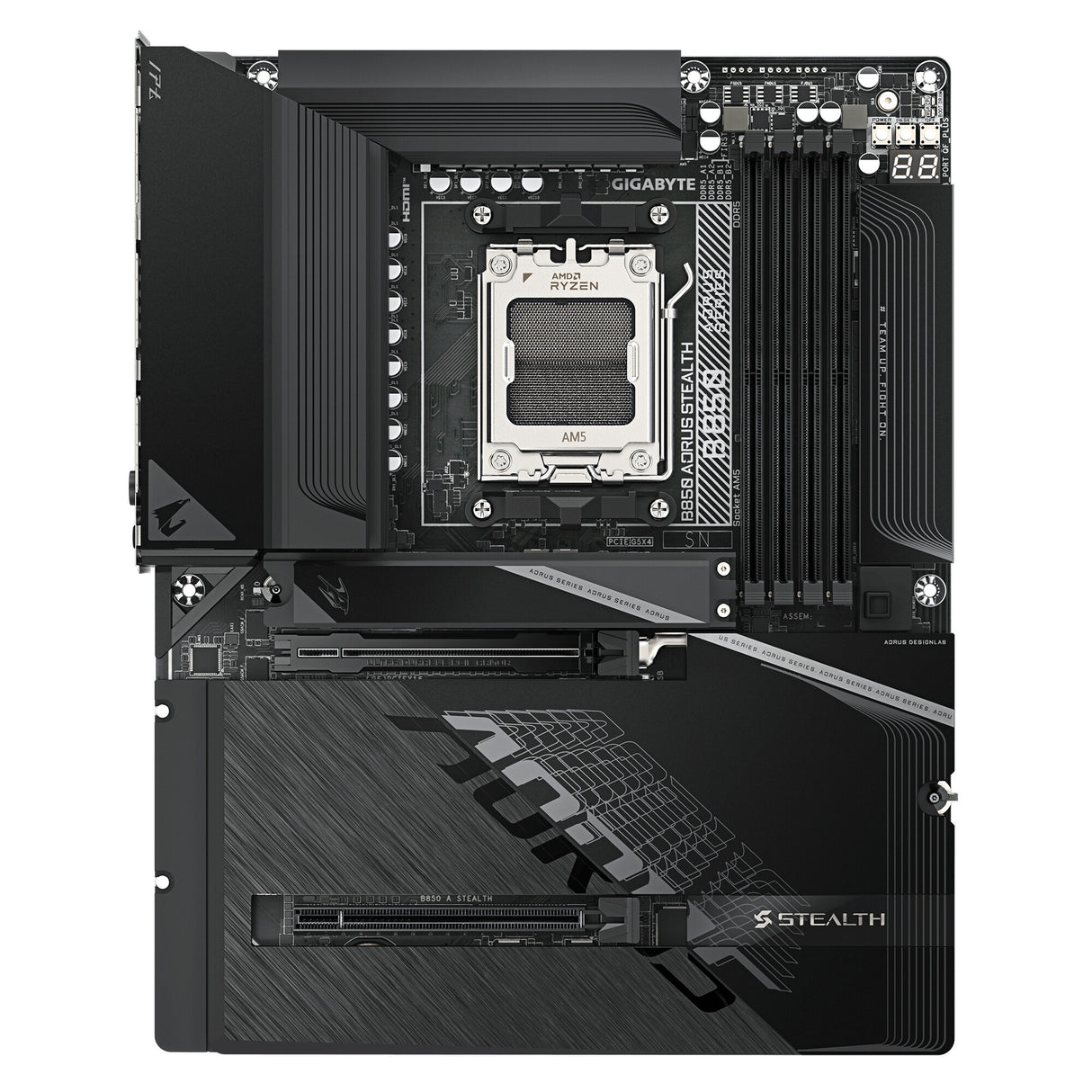 GIGABYTE B850 AORUS STEALTH Motherboard - AMD Ryzen 9000 Series CPUs, 14+2+2 Phases Digital VRM, up to 8200MHz DDR5 (OC), 2xPCIe 5.0 + 2xPCIe 4.0 M.2, WIFI 7, 5 GbE LAN, USB 3.2 Gen 2