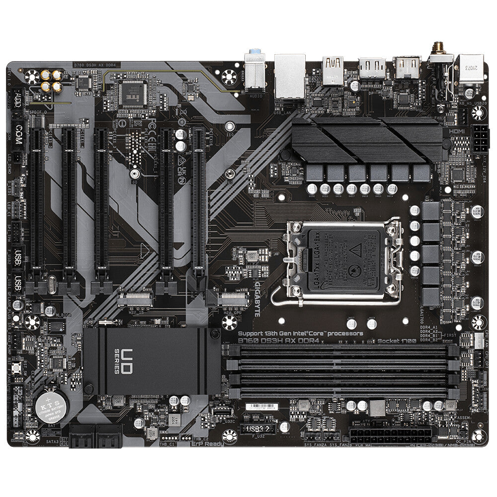 Placa base Gigabyte B760 DS3H AX DDR4, Intel Socket 1700, 12.ª/13.ª generación, 1 PCIe 4.0 x16, 2 PCIe 4.0 M.2, ATX, USB tipo C, LAN 2,5 GbE, Wi-Fi 6E 802.11ax, HDMI, DisplayPort , Ventilador inteligente 6, Q-Flash Plus