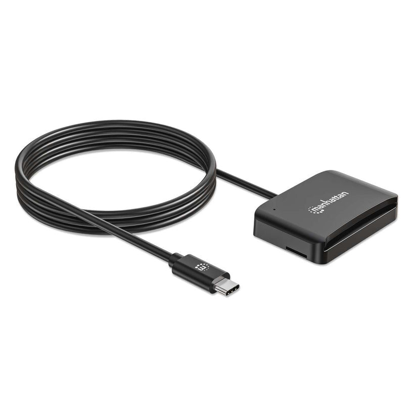 Manhattan USB-C Contact Smart Card Reader with MicroSD slot, USB Type-C Male to Contact Reader Interface and microSDXC, Supports Windows, macOS and Linux, Reads SIM Cards with Adapter, Cable 1m, Black, Three Year Warranty