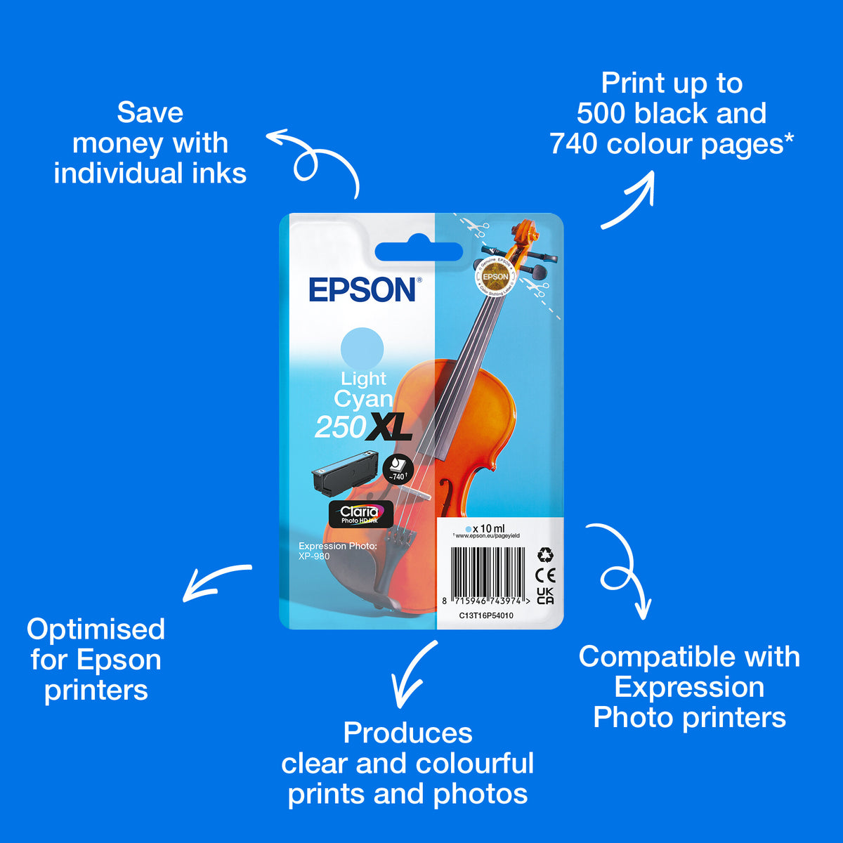 Epson Singlepack Light Cyan 250XL Violin Claria Photo HD Ink
