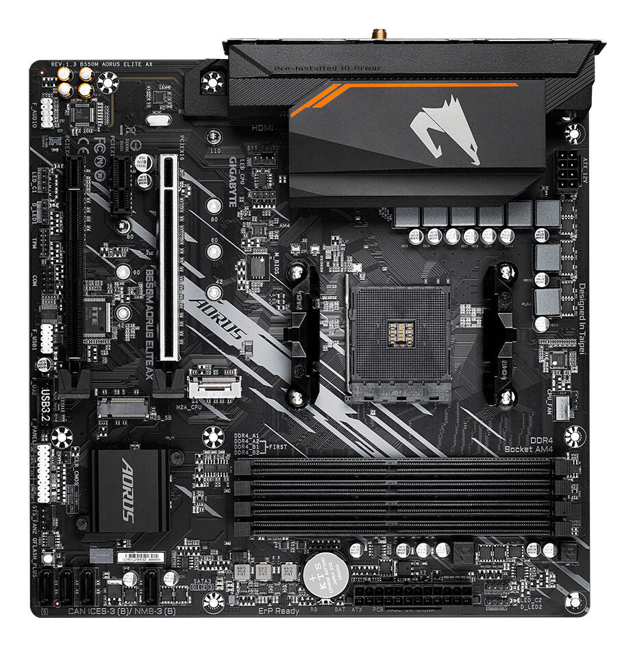 GIGABYTE B550M AORUS ELITE AX Motherboard - AMD Ryzen 5000 CPUs, 5+3 Phases VRM, up to 4733MHz DDR4, 1xPCIe 4.0 + 1xPCIe 3.0 M.2, Wi-Fi 6E, 1GbE LAN, USB 3.2 Gen 1