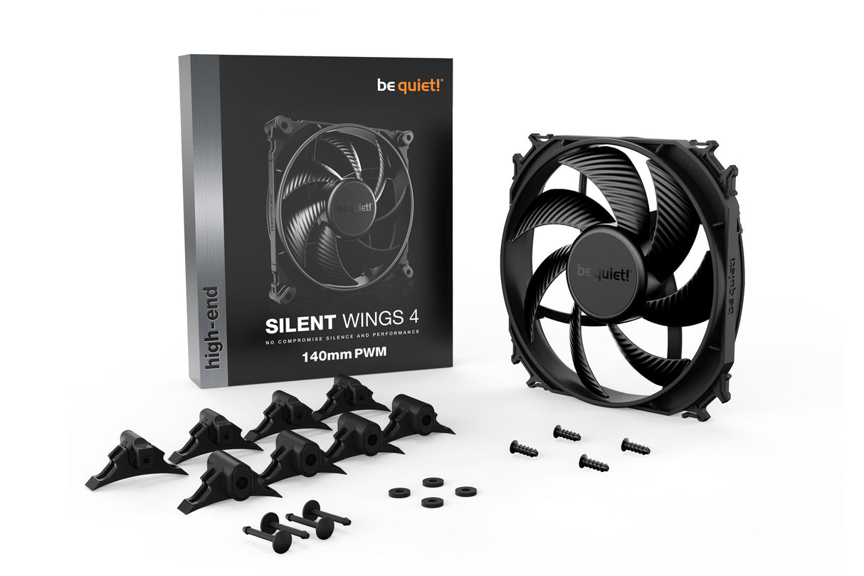 ¡tranquilizarse! Ventilador Silent Wings 4 PWM negro, 140 mm, 1100 RPM, conector de ventilador PWM de 4 pines, marco negro, aspas negras, aspas de ventilador optimizadas para un rendimiento de alta gama, 2 opciones de montaje