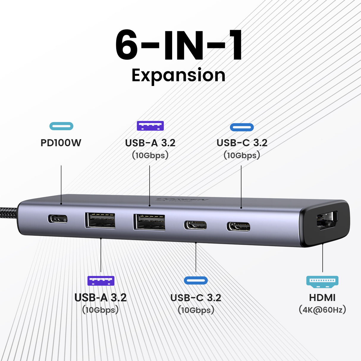 Ugreen USB-C Hub 6-in-1 HDMI - 2x USB-A 3.2 - 2x USB-C 3.2 - PD Docking Dock Grey