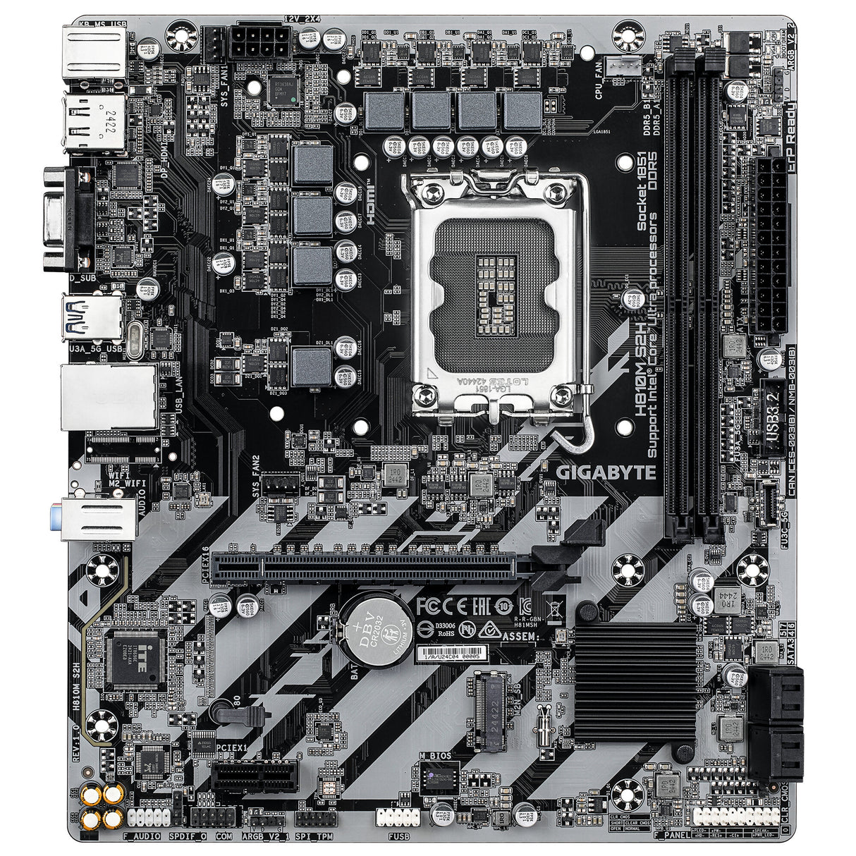 GIGABYTE H810M S2H Motherboard - Intel Core Ultra (Series 2) CPUs, 4+1+2 Phases VRM, up to 6400MHz DDR5, 1xPCIe 4.0 M.2, 1GbE LAN, USB 3.2 Gen 1