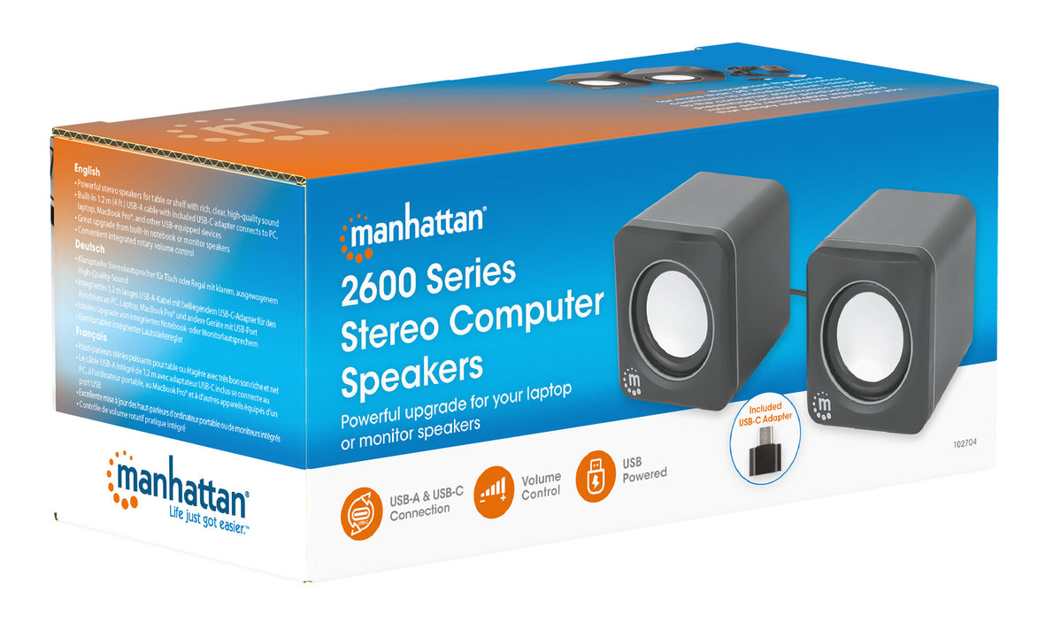 Manhattan 2600 Series Speaker System, Two Speakers, Black/Silver, USB for Stereo Audio and Power, Output: 2x 3W, Decent Sound, Integrated rotary volume control, USB-C/USB-A Adapter, Cable 1.4m, Three Year Warranty