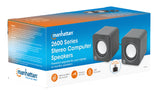 Manhattan 2600 Series Speaker System, Two Speakers, Black/Silver, USB for Stereo Audio and Power, Output: 2x 3W, Decent Sound, Integrated rotary volume control, USB-C/USB-A Adapter, Cable 1.4m, Three Year Warranty