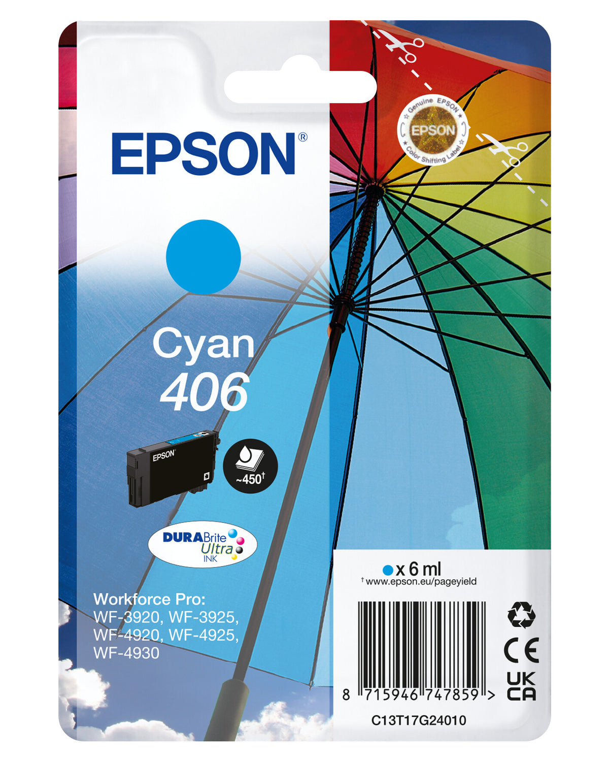 Epson Singlepack Cyan 406 Umbrella DURABrite Ultra Ink
