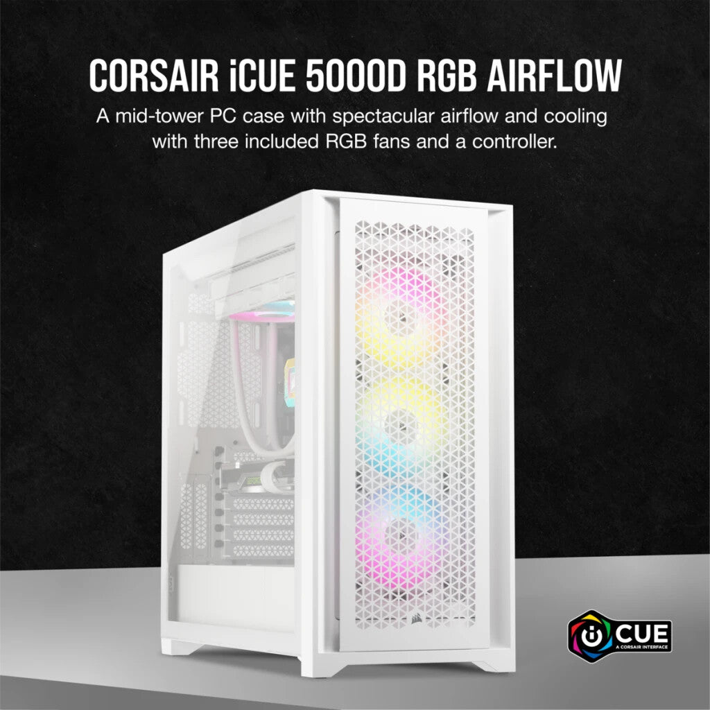 Corsair iCUE 5000D RGB AIRFLOW Gaming Case con ventana de cristal, E-ATX, 3 ventiladores AF120 RGB, frontal de alto flujo de aire, USB-C, controlador RGB, blanco