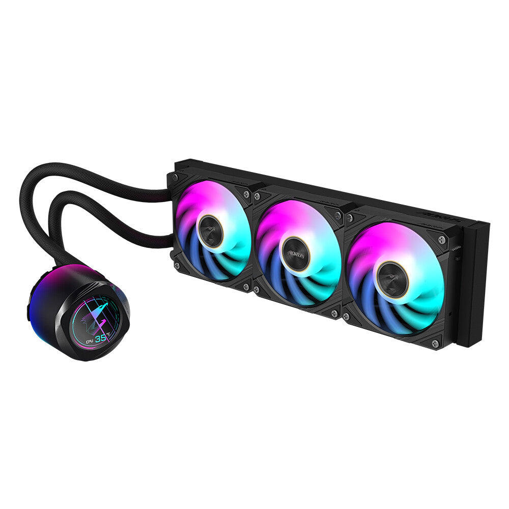 GIGABYTE AORUS WATERFORCE X II 360 AIO Liquid CPU Cooler - 3x120mm ARGB Fans, full-color LCD, MAGNETIC interlocking mechanism, DAISY-CHAIN, Intel LGA 1851 and AMD AM5 Compatible