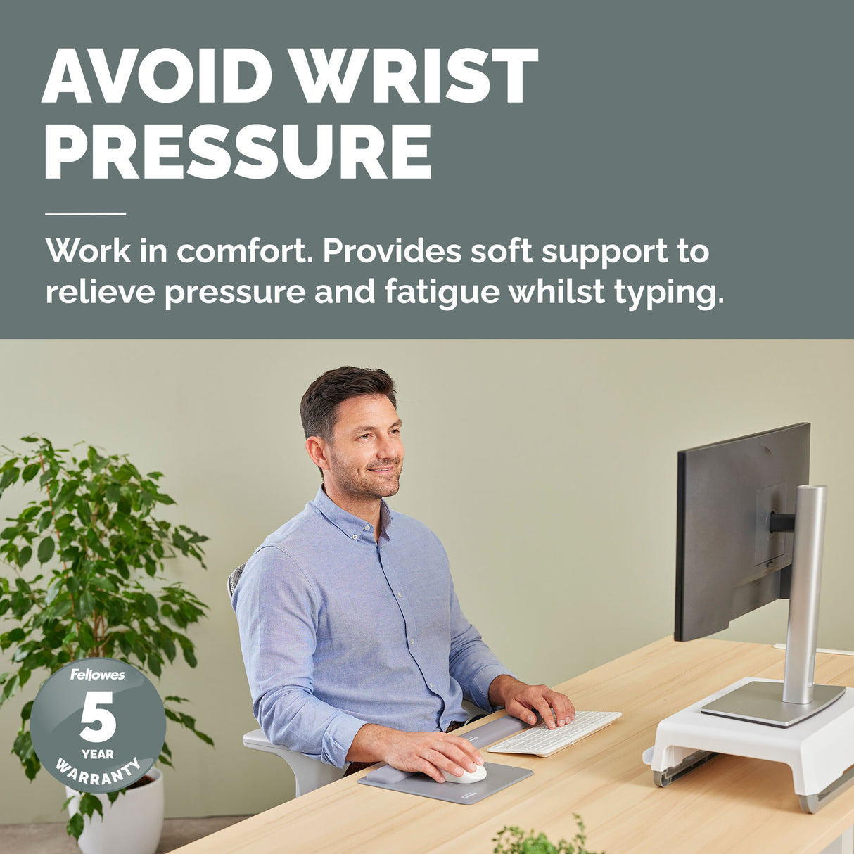 Fellowes Keyboard Wrist Rest Breyta Compact Keyboard Wrist Support with Antibacterial Protection Ergonomic Wrist Support Grey