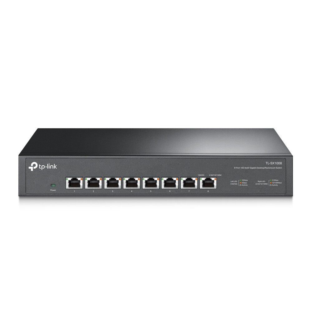 TP-LINK (TL-SX1008) Switch de escritorio/montaje en rack multigigabit 10G no administrado de 8 puertos, 8x 100/1G/2.5G/5G/10G, ventilador de bajo ruido, caja de acero