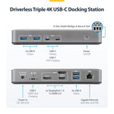 StarTech.com USB-C Docking Station Triple 4K Displays (2x 4K 60Hz, 1x 4K 30Hz), 100W Power Delivery, 6 USB Ports (10Gbps), Gigabit Ethernet, DisplayPort + HDMI, Driverless Windows Laptop Dock