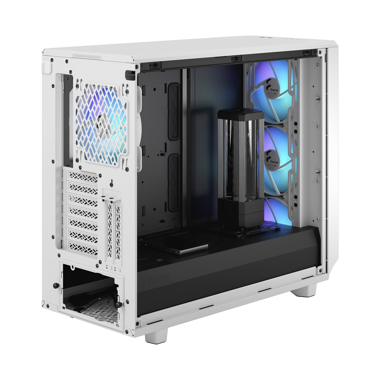 Fractal Design Meshify 2 RGB (White TG) Estuche para juegos con ventana de vidrio transparente claro, E-ATX, frente de malla angular, 4 ventiladores RGB, concentrador de ventilador, filtro frontal desmontable, USB-C