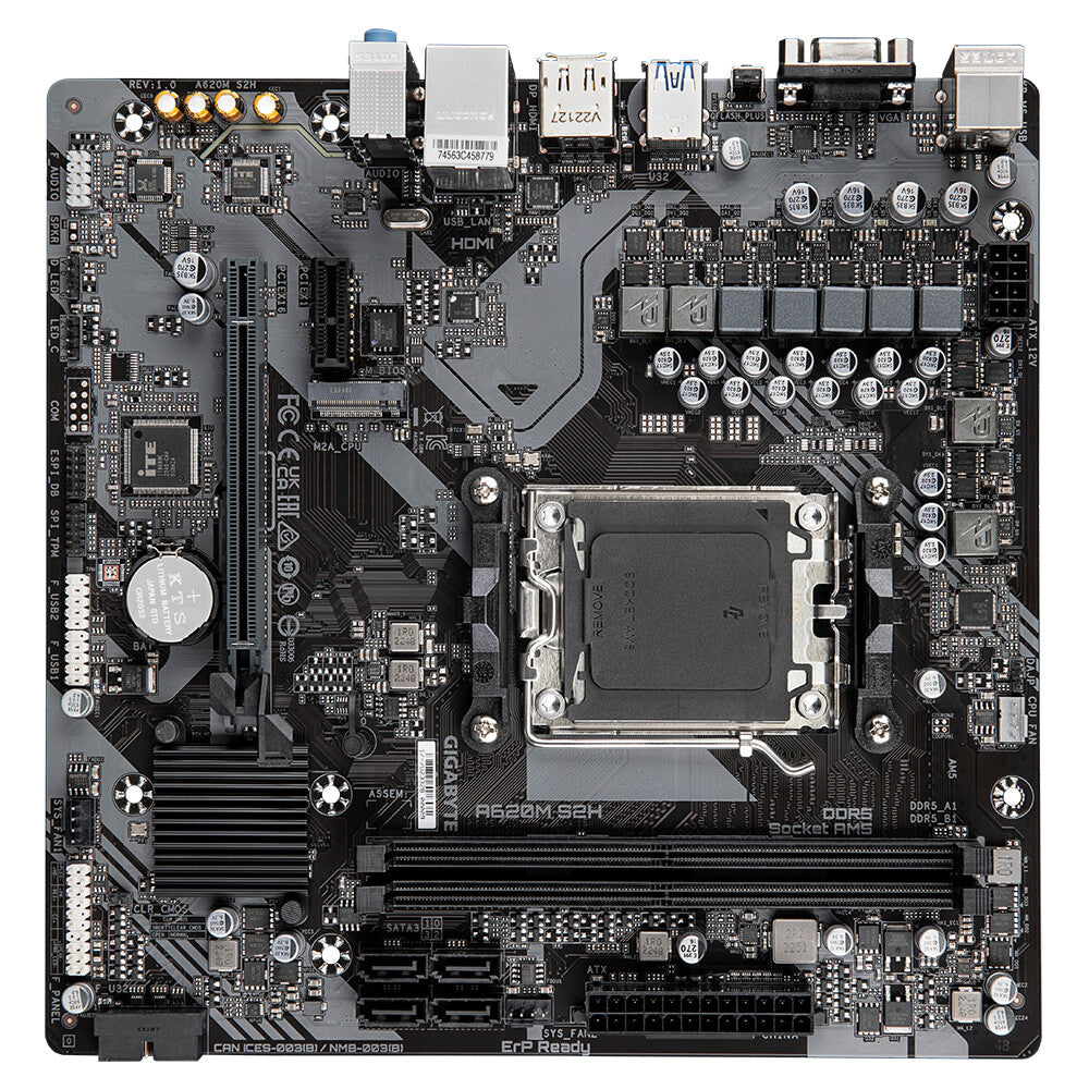 GIGABYTE A620M S2H Motherboard - Supports AMD Ryzen 8000 CPUs, 5+2+2 Phases Digital VRM, up to 7200MHz DDR5 (OC), 1xPCIe 4.0 M.2, GbE LAN, USB 3.2 Gen 1