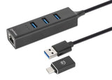 Manhattan USB-C & USB-A Combo Dock/Hub, Ports (4): Ethernet and USB-A (x3), 5 Gbps (USB 3.2 Gen1 aka USB 3.0), External Power Supply Not Needed, Universal for all devices, USB-A Male with Attachable USB-C Male Adapter, SuperSpeed USB, Black, Three Year Wa