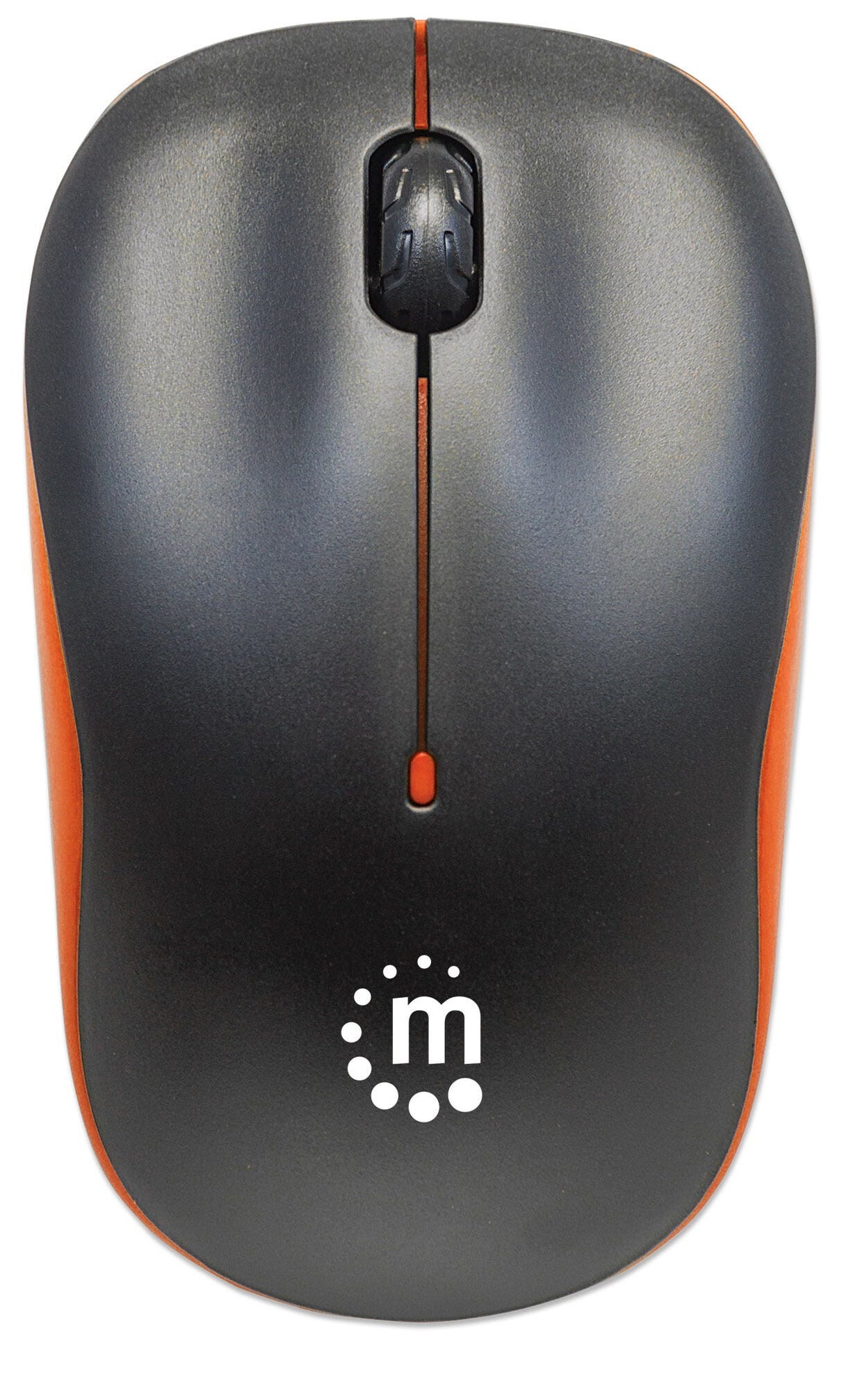 Manhattan Success Wireless Mouse, Black/Orange, 1000dpi, 2.4Ghz (up to 10m), USB, Optical, Three Button with Scroll Wheel, USB micro receiver, AA battery (included), Low friction base, Three Year Warranty