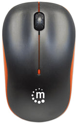 Manhattan Success Wireless Mouse, Black/Orange, 1000dpi, 2.4Ghz (up to 10m), USB, Optical, Three Button with Scroll Wheel, USB micro receiver, AA battery (included), Low friction base, Three Year Warranty