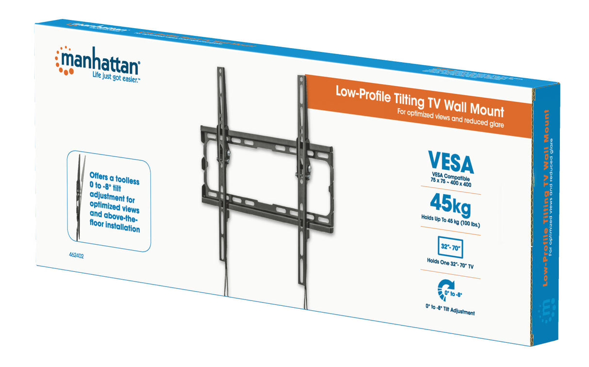 Manhattan Wall Mount for TV & Monitors (Tiltable), For screens 32" to 55", VESA compatability: all between 200x200mm and 400x400mm - check the dimensions of the four mounting holes on back of screen to ensure it fits, Max 35kg, Black, Bracket