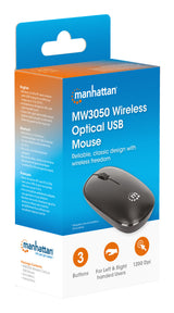 Manhattan MW3050 Wireless Optical Mouse, Black, 1200dpi, 2.4Ghz (up to 10m), USB, Ambidextrous, Three Button with Scroll Wheel, USB-A nano receiver, AA battery (included), Low friction base, USB version (most popular type, which is USB-A), Three Year Warr