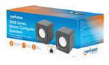 Manhattan 2600 Series Speaker System, Two Speakers, Black/Silver, USB for Stereo Audio and Power, Output: 2x 3W, Decent Sound, Integrated rotary volume control, USB-C/USB-A Adapter, Cable 1.4m, Three Year Warranty