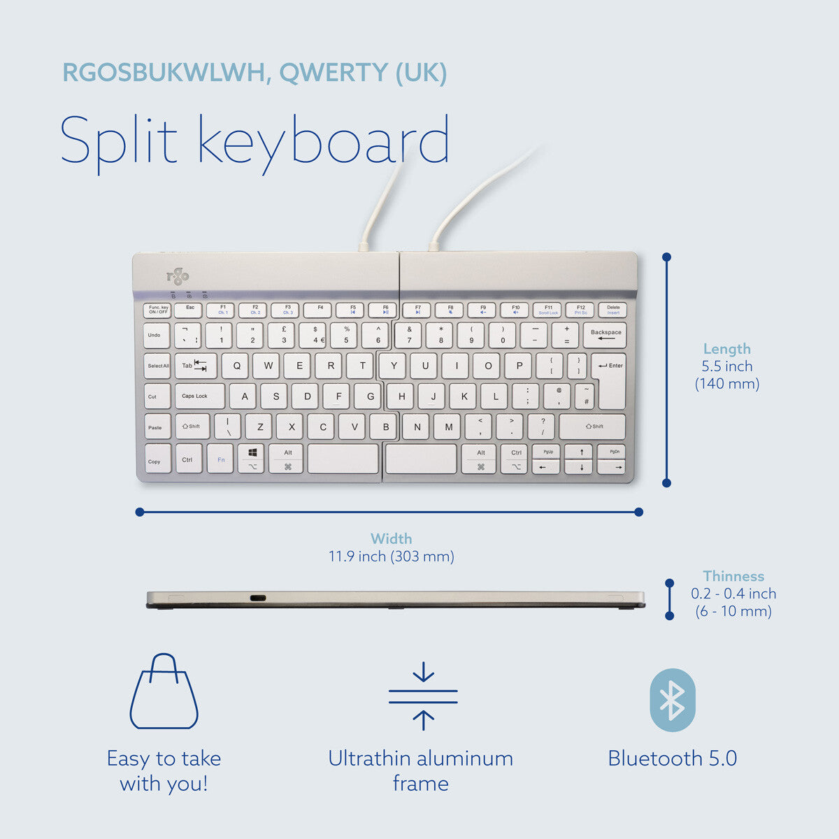 R-Go Tools Ergonomic keyboard R-Go Split Break with break software, ergonomic split keyboard, QWERTY (UK), Bluetooth, white