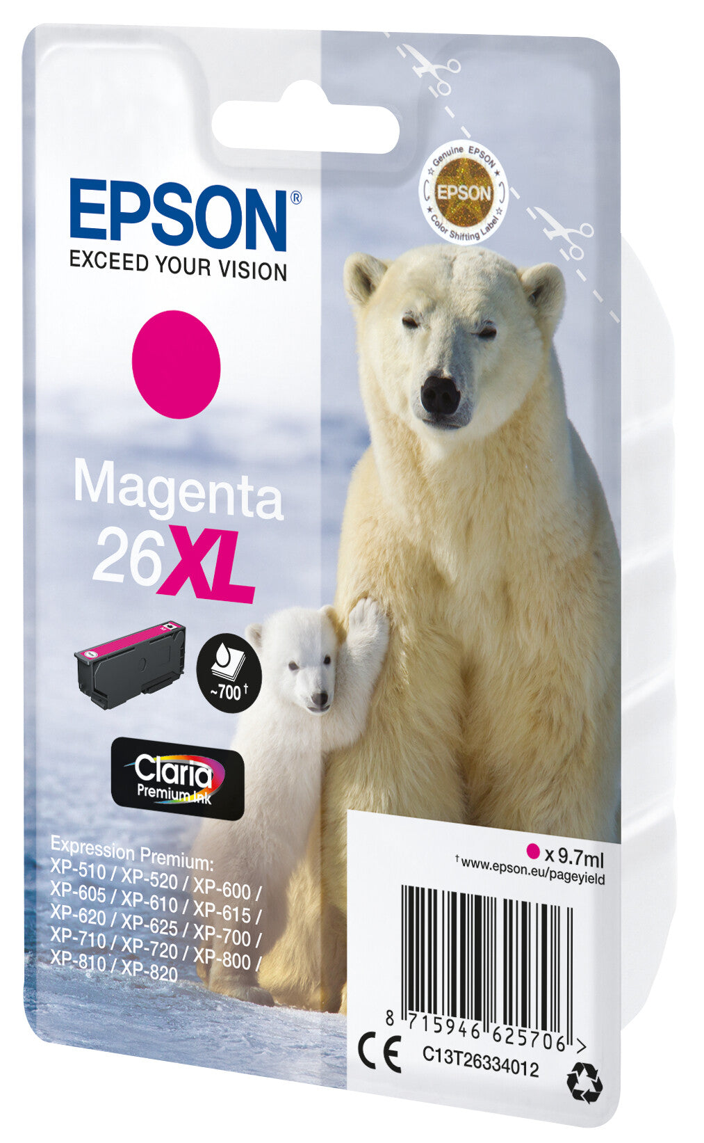 Epson Polar bear Singlepack Magenta 26XL Claria Premium Ink