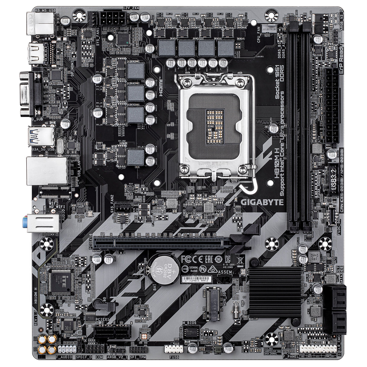 GIGABYTE H810M H Motherboard - Intel Core Ultra (Series 2) CPUs, 4+1+2 Phases VRM, up to 6400MHz DDR5, 1xPCIe 4.0 M.2, 1GbE LAN, USB 3.2 Gen 1