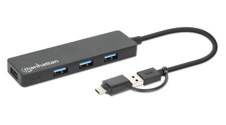Manhattan USB-C & USB-A Combo Dock/Hub, Ports (4): USB-A (x4), 5 Gbps (USB 3.2 Gen1 aka USB 3.0), USB powered (no external power supply required)