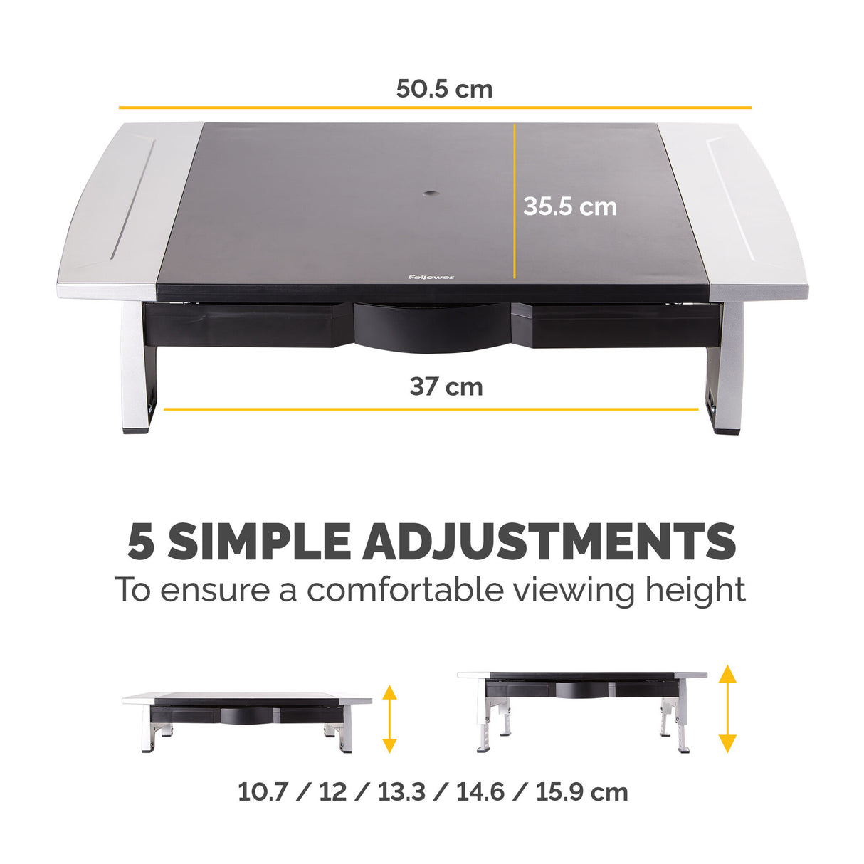 Fellowes Computer Monitor Stand with 5 Height Adjustments - Office Suites Monitor Riser with Storage Tray - Ergonomic Adjustable Monitor Stand for Computers - Max Weight 36KG/Max Size 28" - Graphite