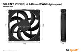 ¡tranquilizarse! Ventilador negro Silent Wings 4 PWM de alta velocidad, 140 mm, 1900 RPM, conector de ventilador PWM de 4 pines, marco negro, aspas negras, aspas de ventilador optimizadas para un rendimiento de alta gama, 2 opciones de montaje