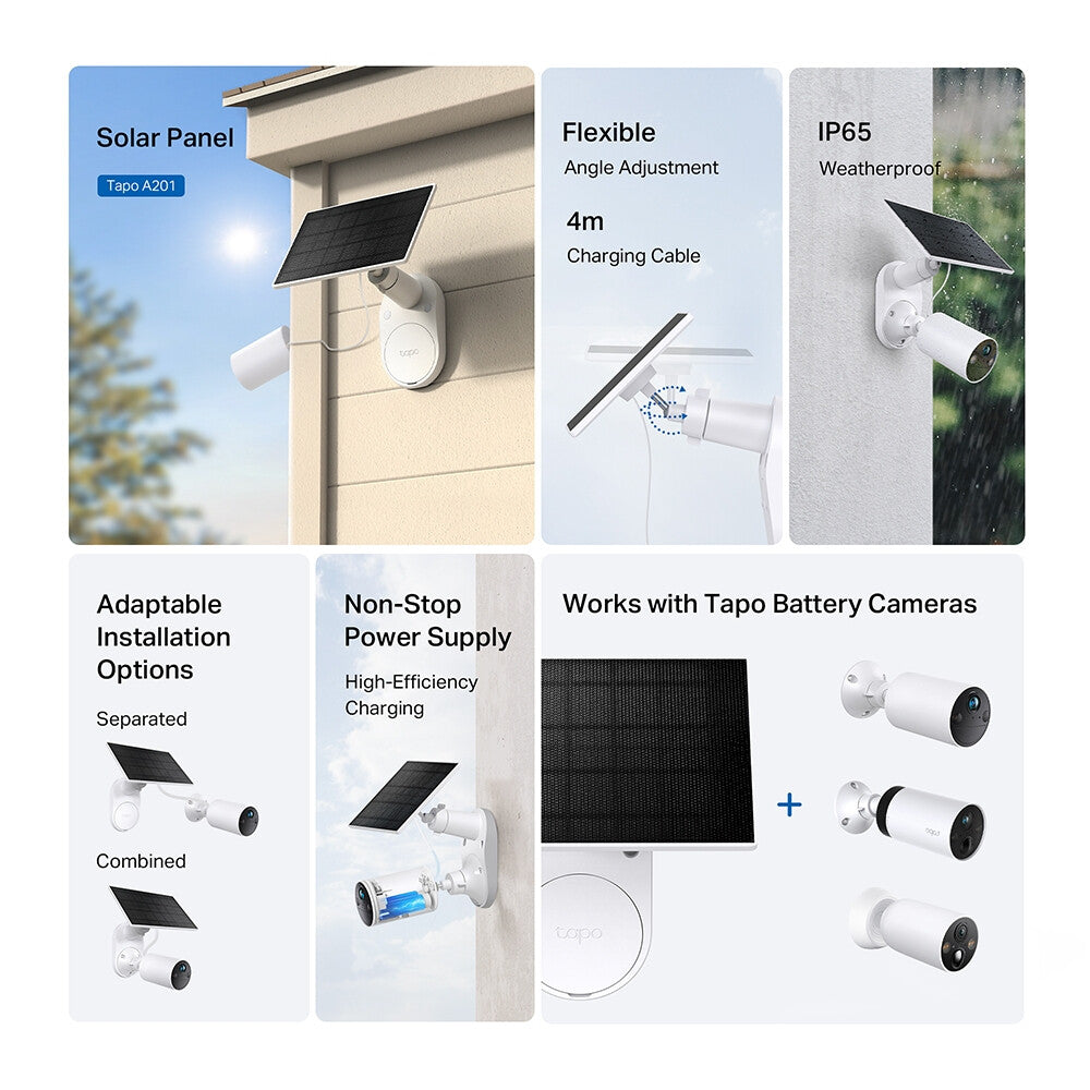 TP-Link Tapo Solar Panel SPEC: 5.2V 2.5W FEATURE: Type-C Charging Port, Non-Stop Power, Flexible Solar Installation, Works with Battery Camera, 4m Charging Cable(Total), Weatherproof (IP65)