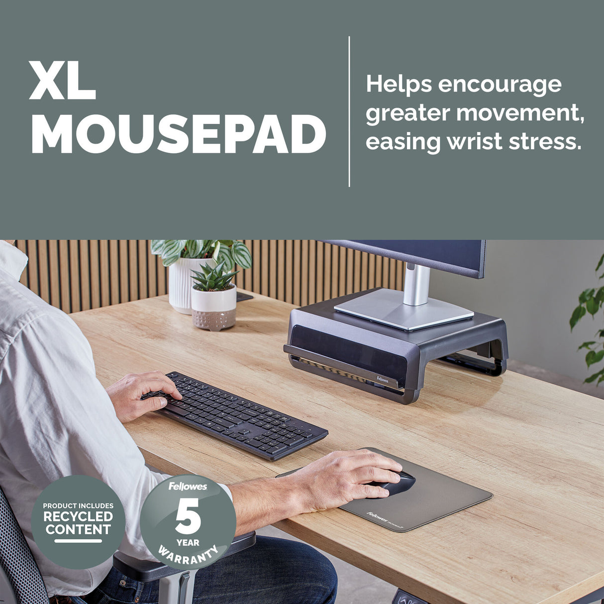 Fellowes Breyta XL Mouse Mat with Non-Slip Base XL Mouse Pad with Antibacterial Protection Grey
