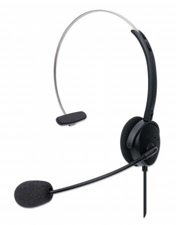 Manhattan Mono On-Ear Headset (USB), Microphone Boom (padded), Polybag Packaging, Adjustable Headband, In-Line Volume Control, Ear Cushion, USB-A for both sound and mic use, cable 1.5m, Three Year Warranty